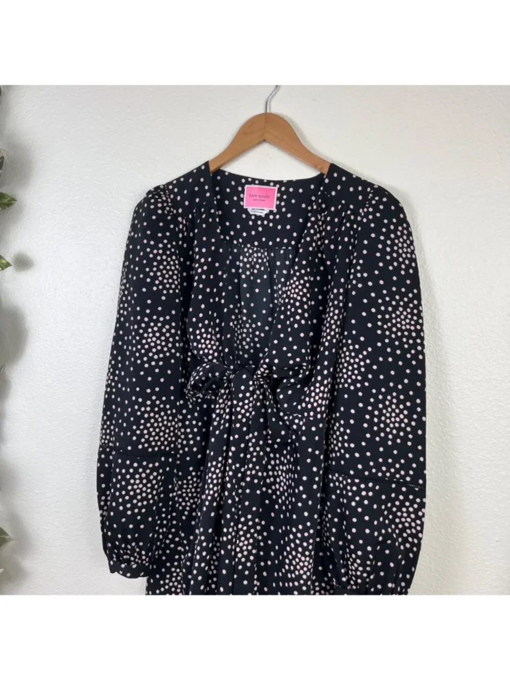 Kate Spade Long Sleeve Front Tie Midi Dress Polka Dot Black Women’s Size 2